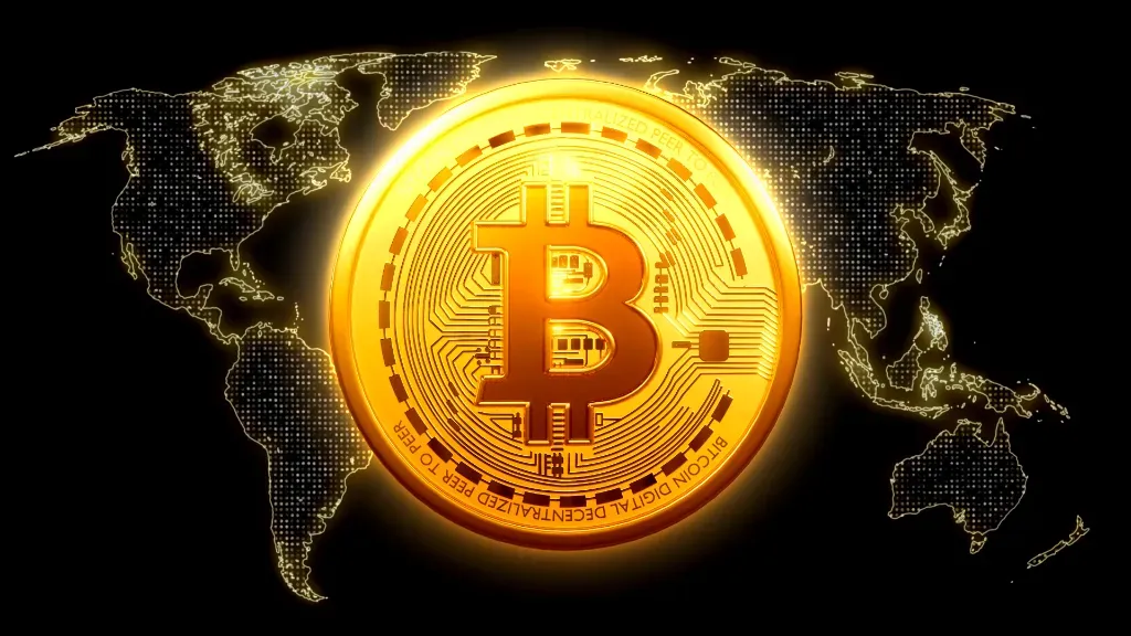 Grafika wizualizująca bitcoin na tle mapy świata
