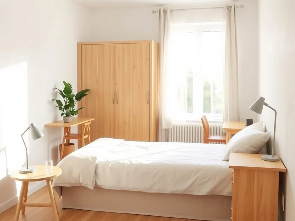 Przytulna, jasna sypialnia 12 m² pokazująca, jak funkcjonalnie urządzić mały pokój w minimalistycznym stylu.