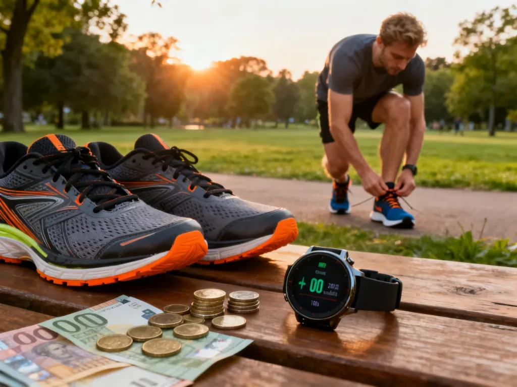 Buty biegowe, smartwatch i pieniądze obrazują miesięczne koszty treningów biegowych bez karnetu no text on the picture