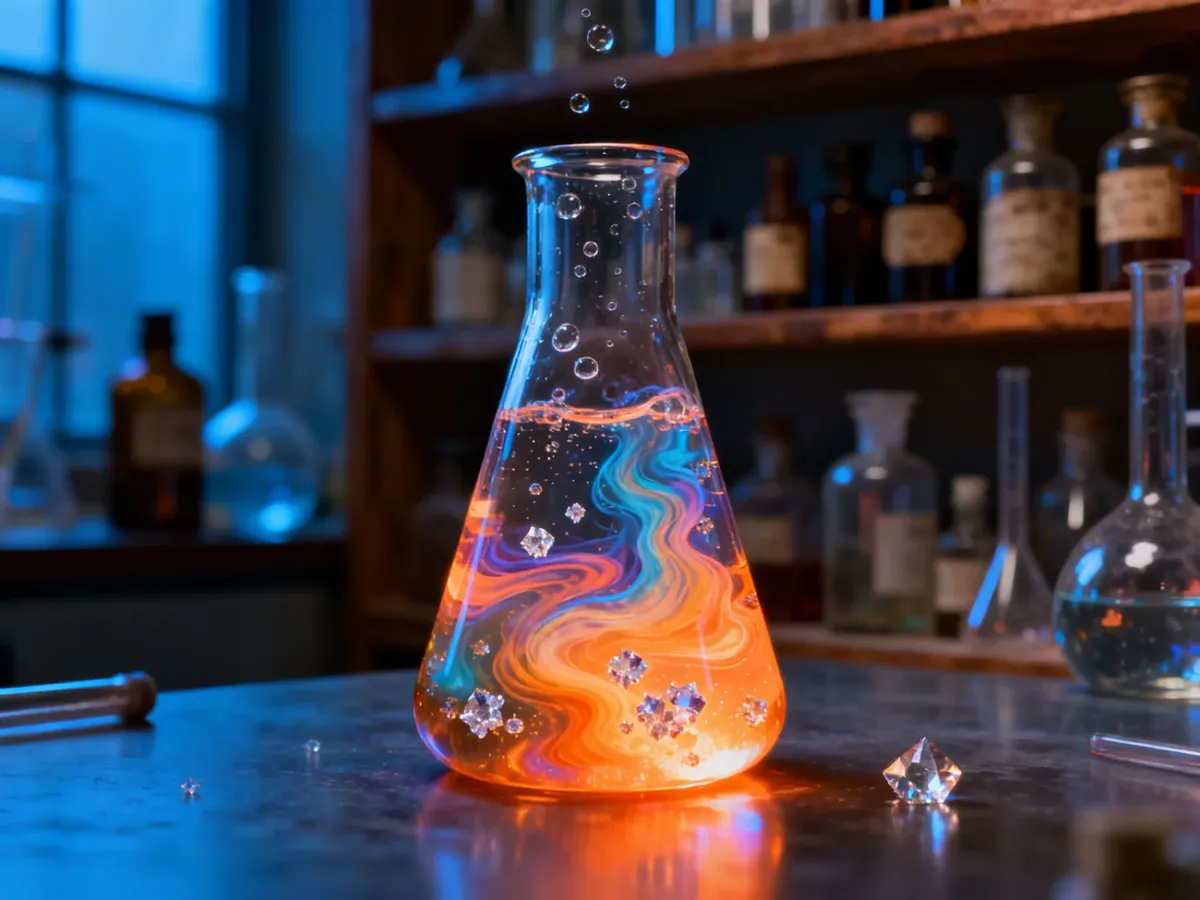 Zlewka z barwną, pieniącą się reakcją chemiczną na tle laboratoryjnych odczynników.