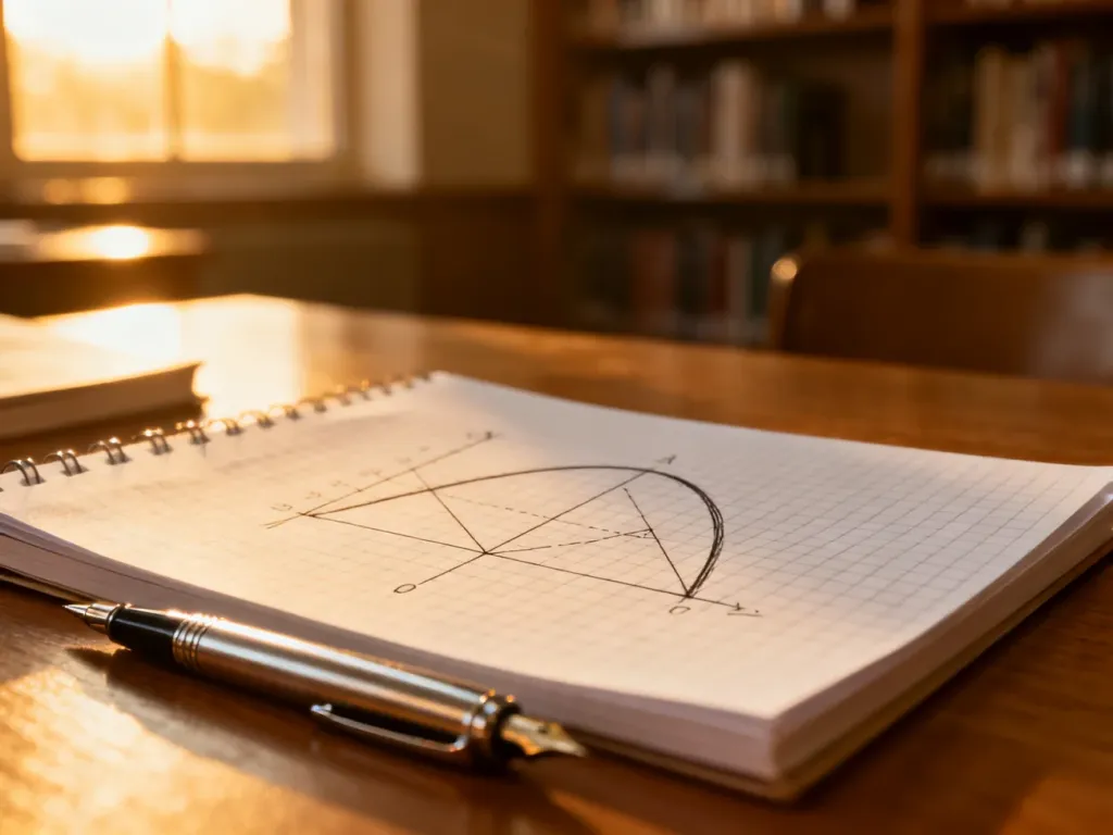 Ręcznie narysowany wykres paraboli w notatniku na drewnianym biurku, ilustrujący obliczenia matematyczne.