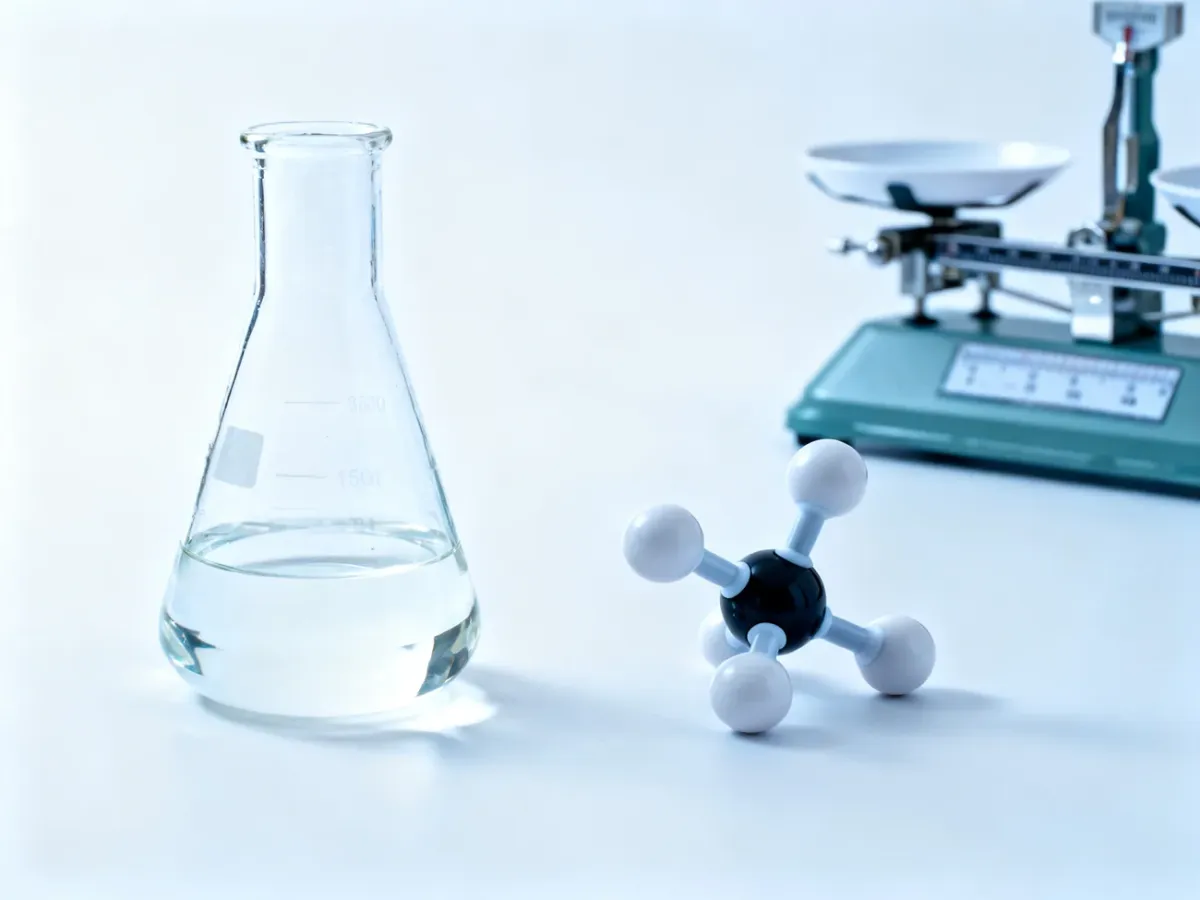 Przyrządy laboratoryjne i modele cząsteczek ilustrujące obliczanie objętości gazu