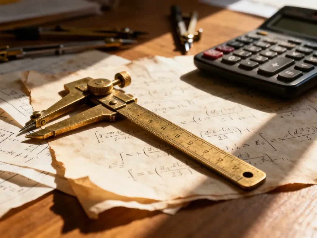Zabytkowa linijka, kalkulator i zapisane wzory matematyczne na drewnianym biurku, symbolizujące precyzyjne obliczenia.