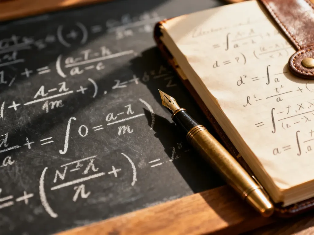 Drewniane biurko z notatnikiem wypełnionym wzorami całek i piórem, tworzące akademicki klimat do nauki matematyki.