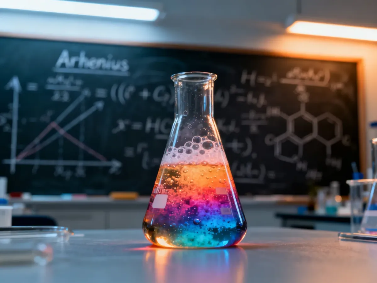 Probówka z burzliwą reakcją chemiczną na tle tablicy z równaniem Arrheniusa, ilustrująca proces wyznaczania energii aktywacji.