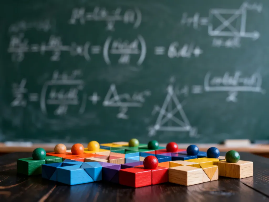 Kolorowe klocki geometryczne ułożone w uporządkowane wzory na tle tablicy z matematycznymi wzorami prawdopodobieństwa.