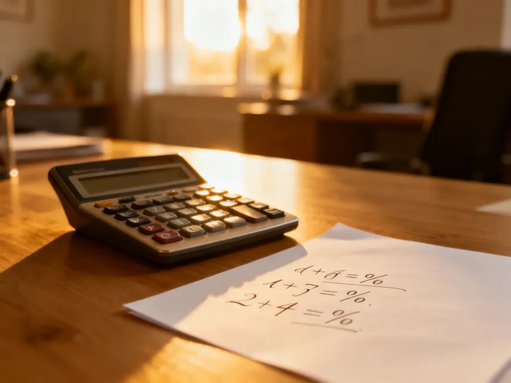 Kalkulator i kartka z zapisanymi wzorami matematycznymi na drewnianym biurku, ilustrujące obliczanie procentów.