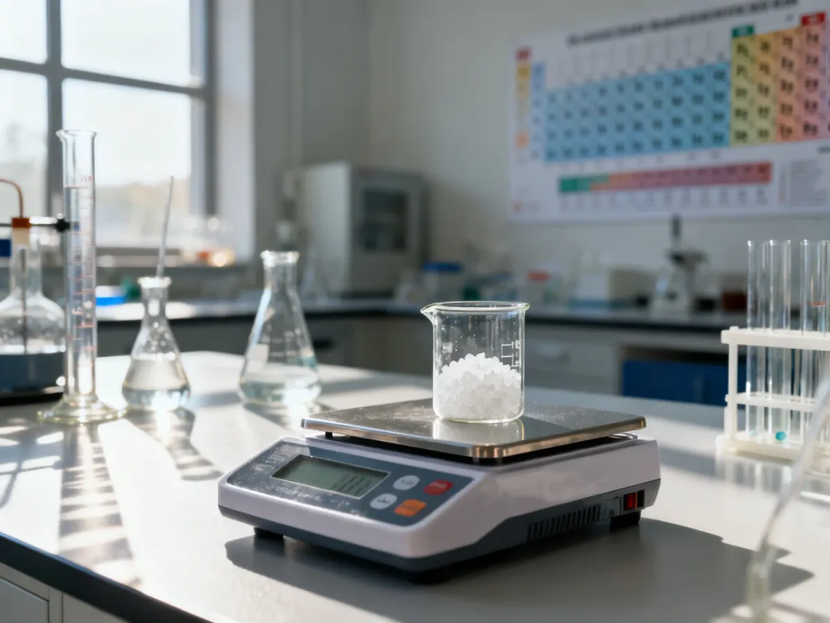 Waga analityczna z substancją chemiczną w nowoczesnym laboratorium, ilustrująca proces precyzyjnego ważenia odczynników.