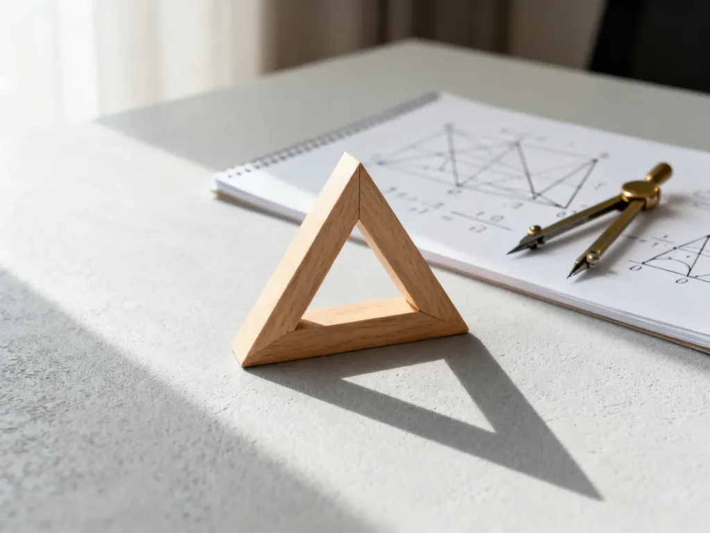 Drewniany model trójkąta na biurku z notatnikiem geometrycznym i cyrklem, ilustrujący naukę obliczania kątów.