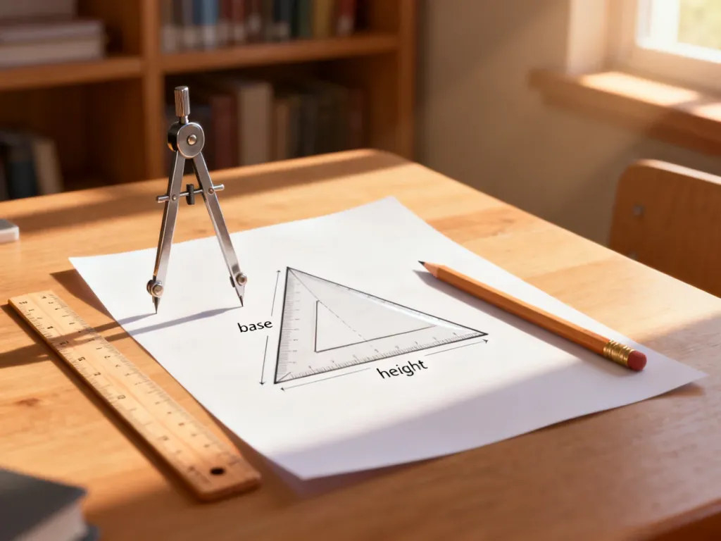 Na kartce papieru narysowany jest trójkąt z zaznaczoną podstawą i wysokością, obok leżą przybory geometryczne.