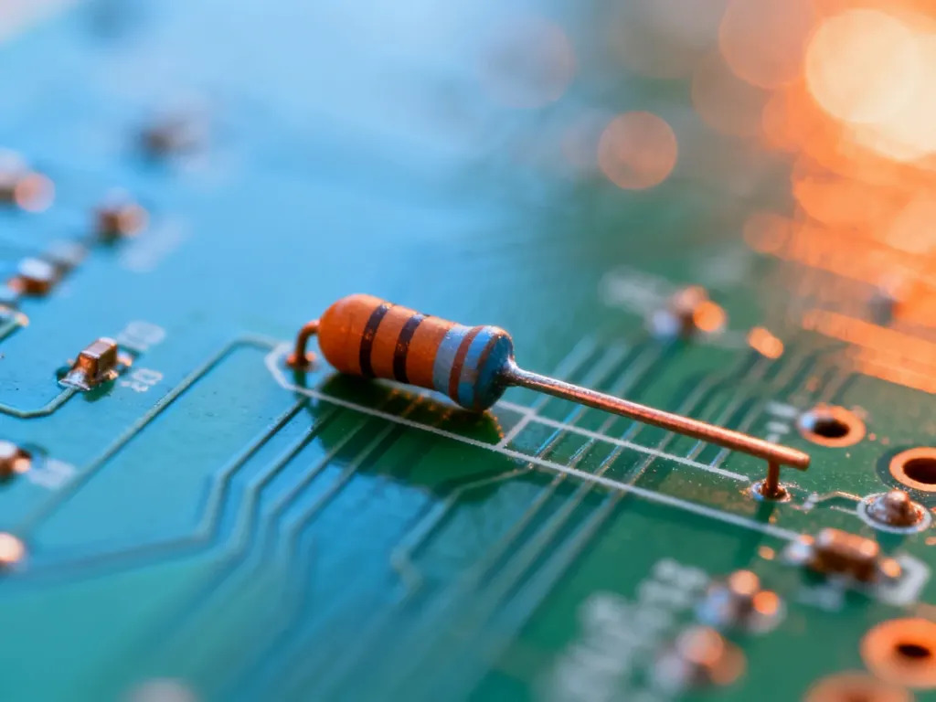 Rezystor elektryczny zamontowany na zielonej płytce drukowanej, ukazujący detale techniczne podzespołu elektronicznego.