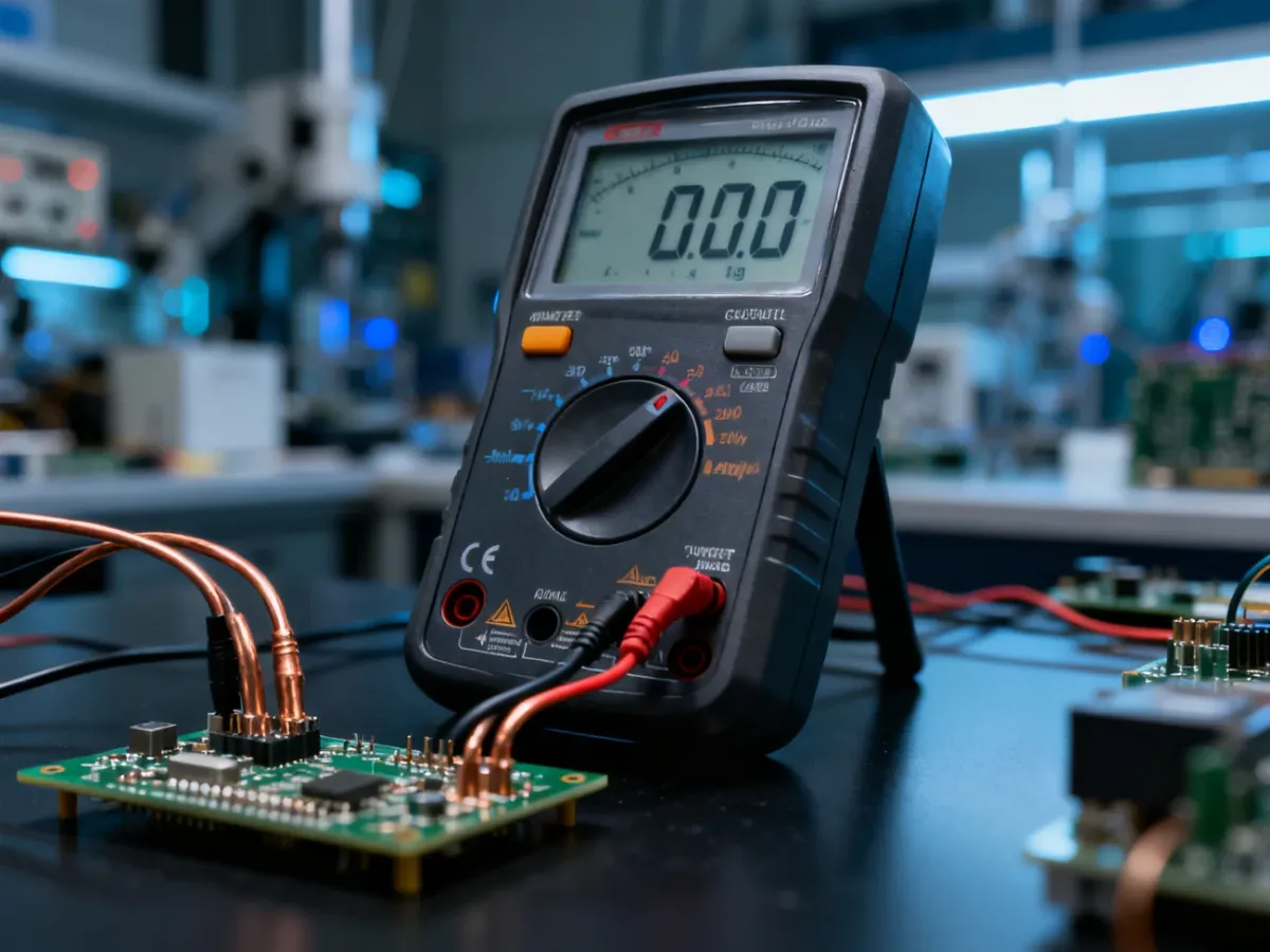 Cyfrowy multimetr mierzący natężenie prądu w układzie elektronicznym na stole laboratoryjnym.
