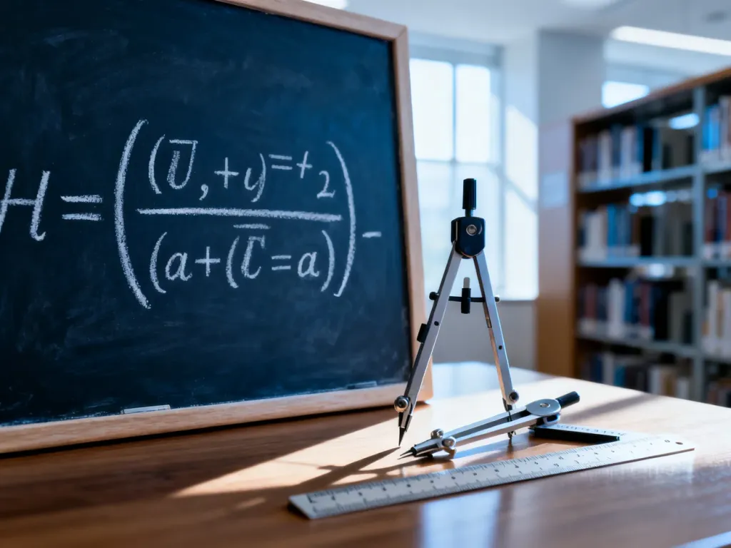 Złożona funkcja matematyczna zapisana na tablicy w minimalistycznym biurze z przyborami geometrycznymi na pierwszym planie.