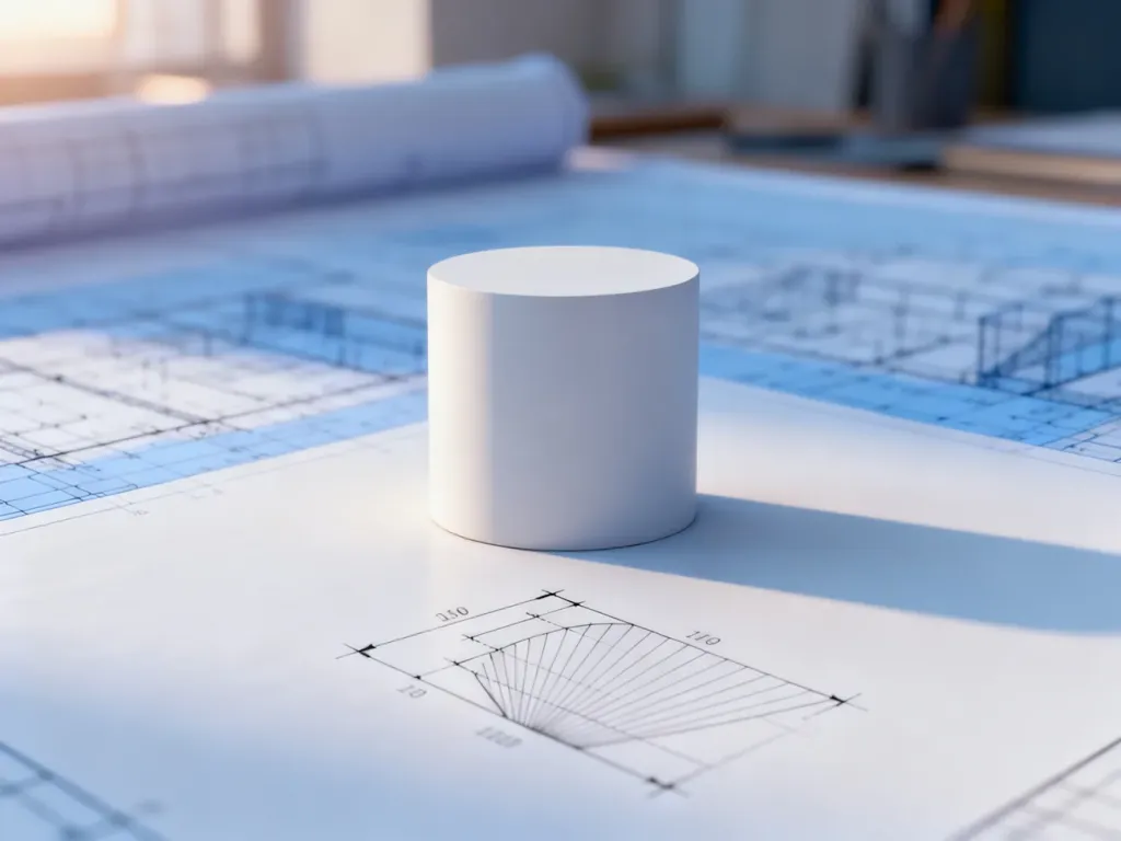 Model 3D walca z zaznaczonym promieniem i wysokością na tle planów architektonicznych.