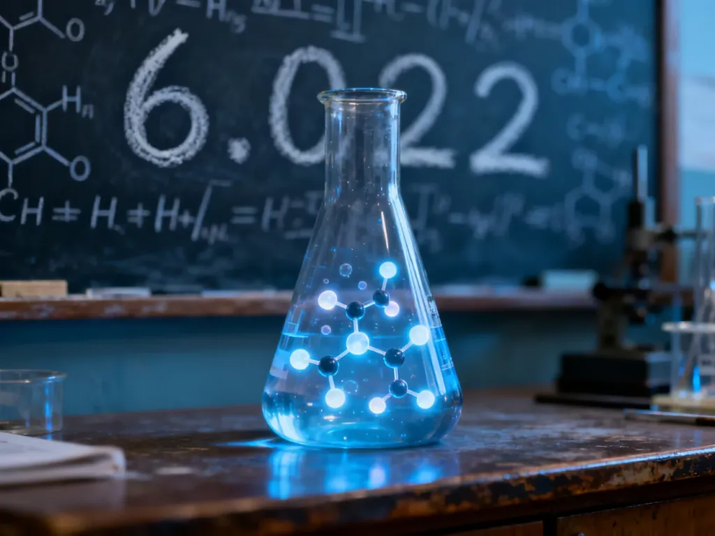 Szklana zlewka z unoszącymi się cząsteczkami na tle tablicy z liczbą Avogadra i wzorami chemicznymi.