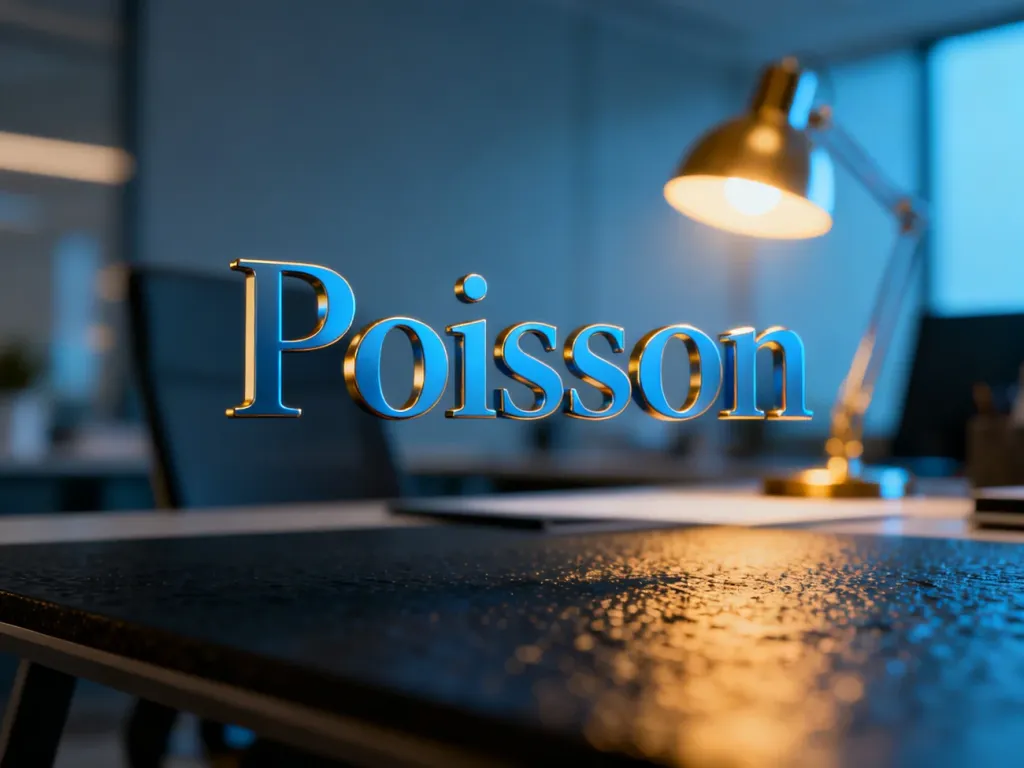 Wzór na rozkład Poissona unoszący się nad biurkiem w nowoczesnym biurze, ilustrujący koncepcję prawdopodobieństwa.