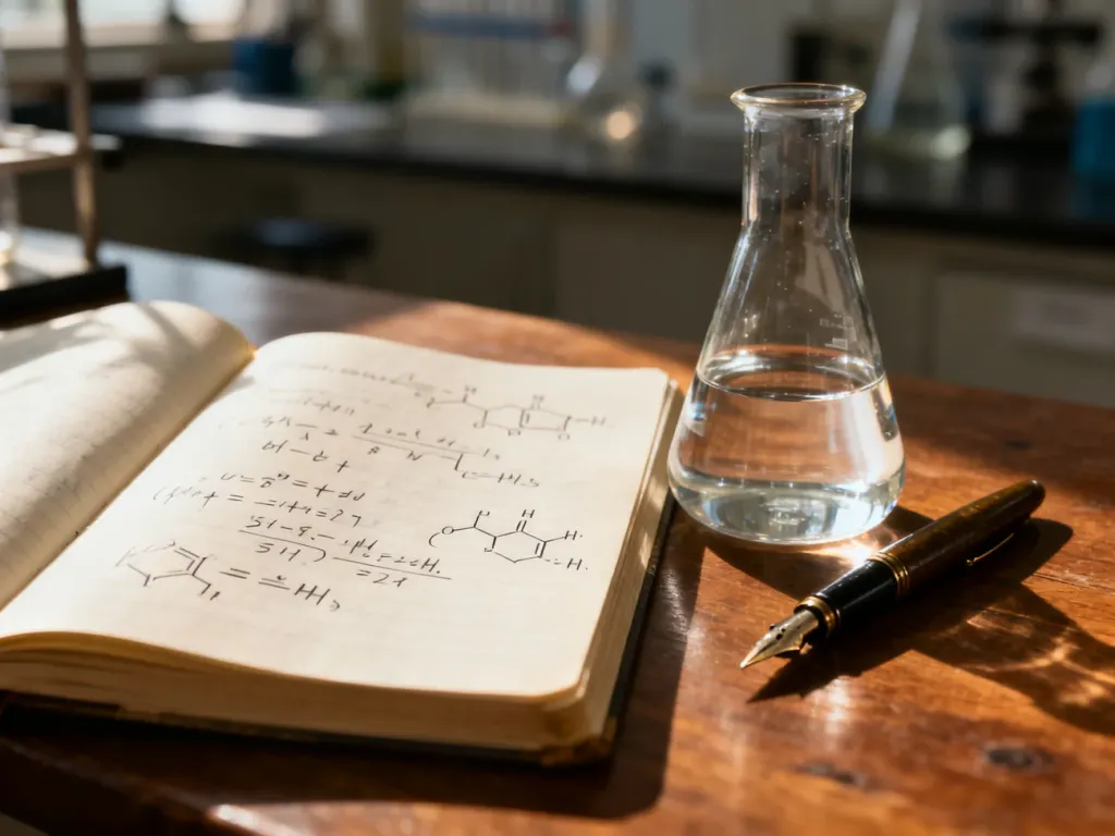 Otwarty notatnik z zapisanymi wzorami chemicznymi, zlewką i piórem na drewnianym biurku, ilustrujący obliczenia chemiczne.