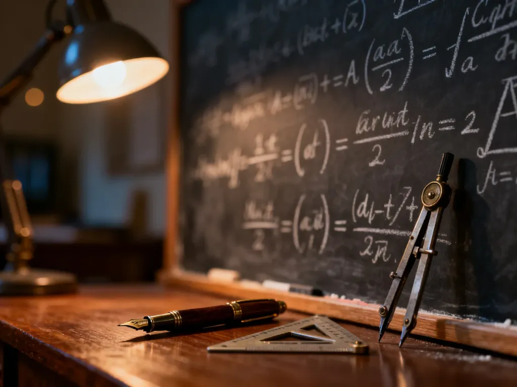 Tablica z zapisanymi wzorami matematycznymi, pochodnymi i całkami oraz przybory kreślarskie na biurku.