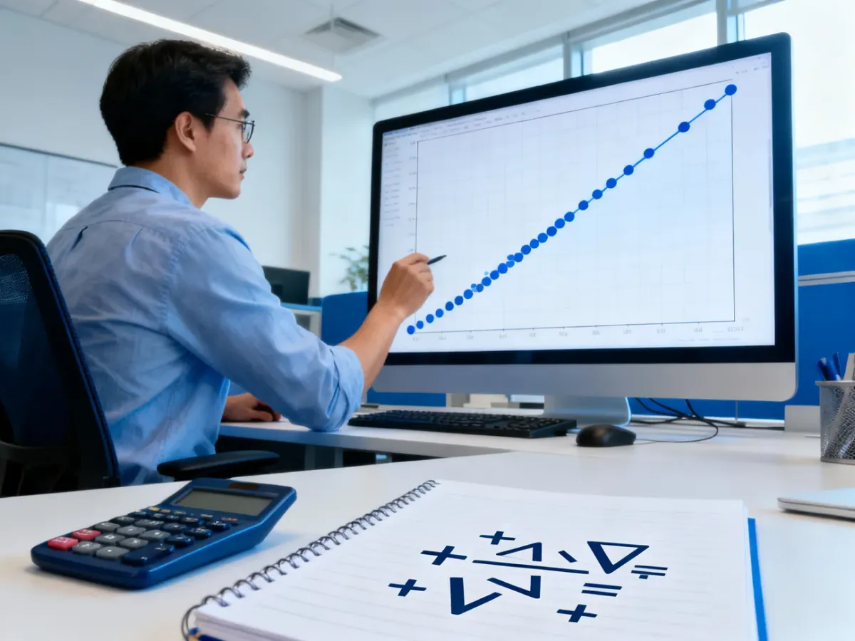 Analyst examining a strong positive linear correlation on a scatter plot