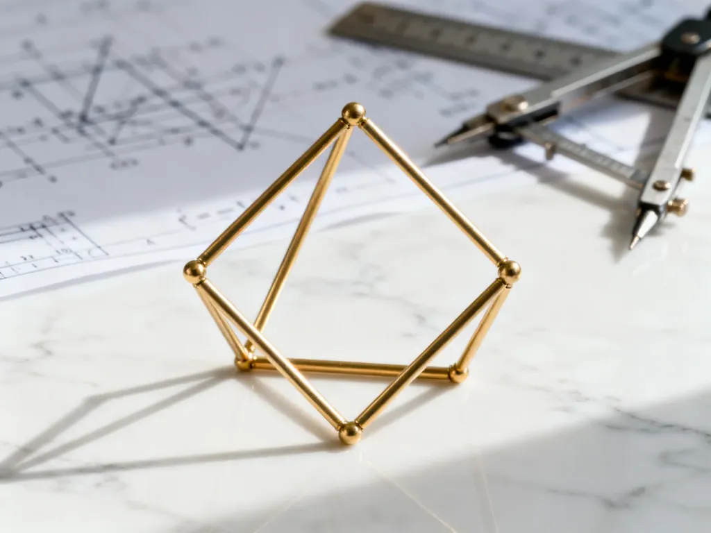 Mosiężny model rombu na marmurowym blacie w otoczeniu przyborów kreślarskich i planów geometrycznych.