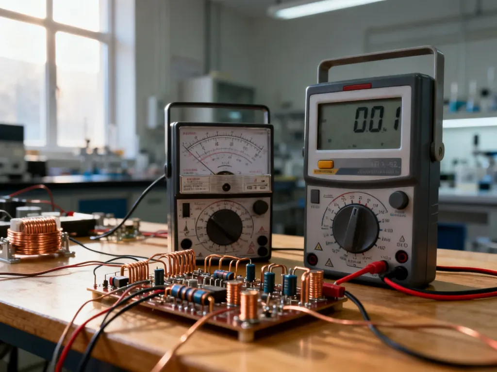 Analogowy i cyfrowy miernik na warsztacie z układami elektrycznymi, gotowe do pomiaru natężenia prądu.
