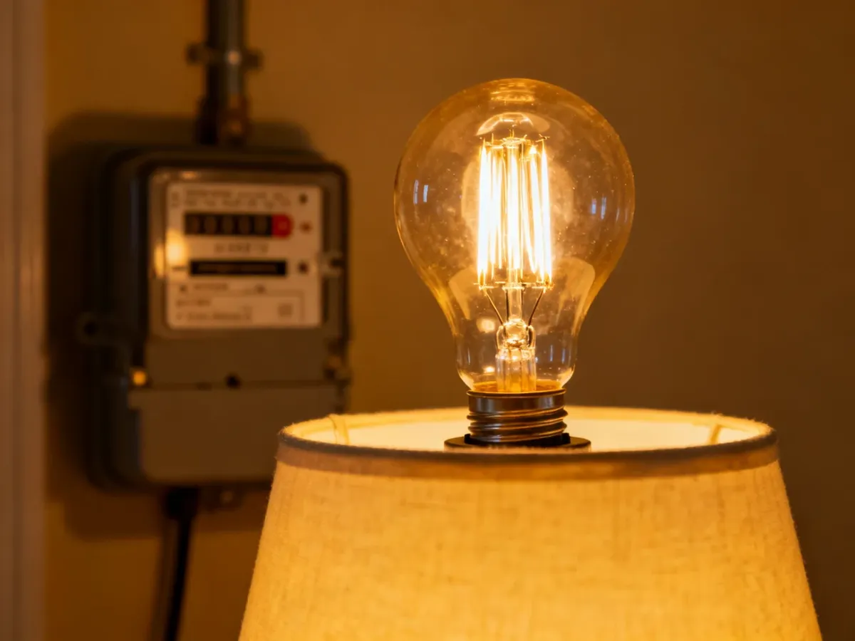 Świecąca tradycyjna żarówka 100 W w domowym wnętrzu obok licznika energii