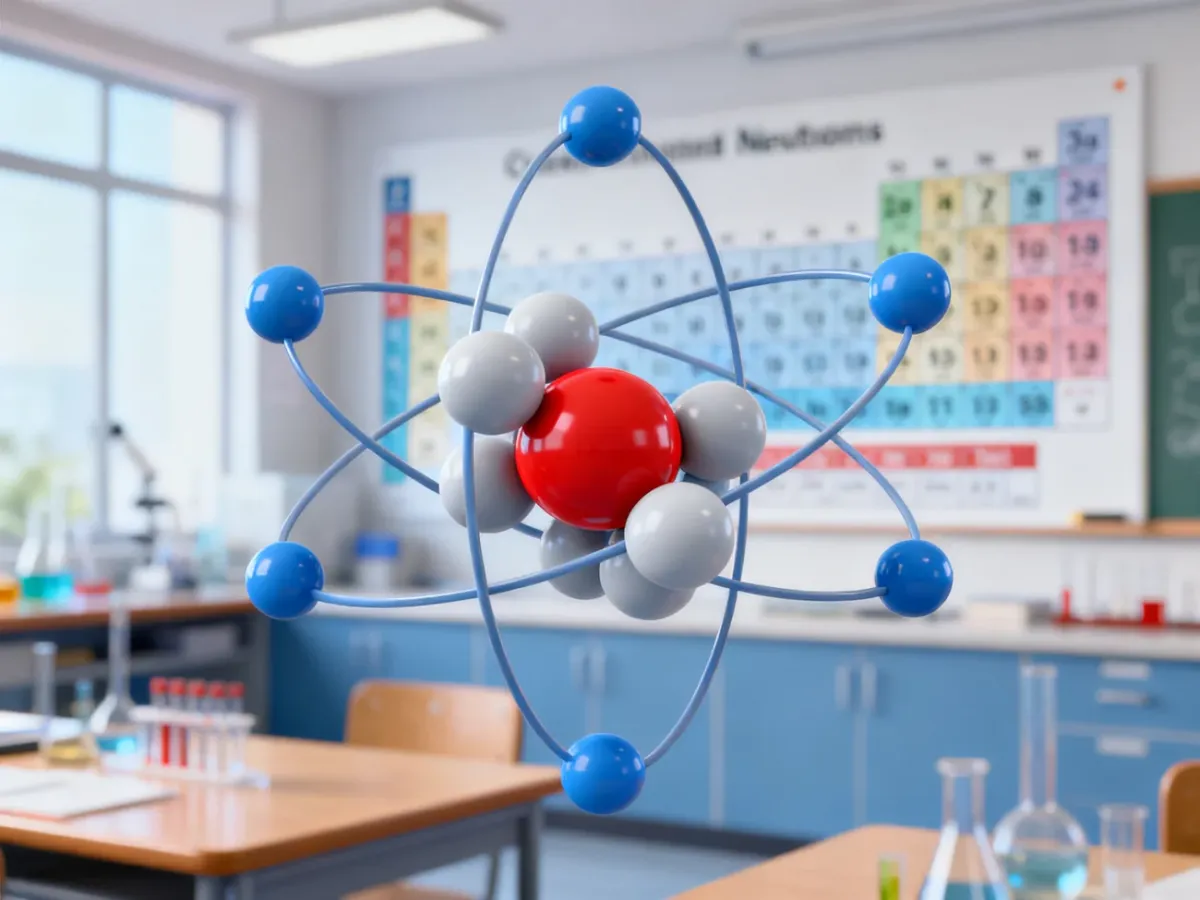 Ilustracja jądra atomowego z protonami i neutronami na tle pracowni chemicznej