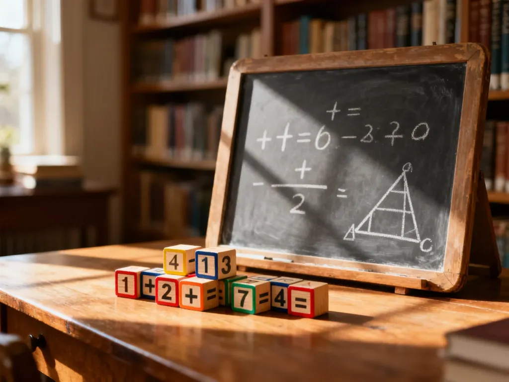 Drewniane klocki matematyczne i tablica z ułamkami na biurku, ilustrujące naukę dodawania ułamków o różnych mianownikach.