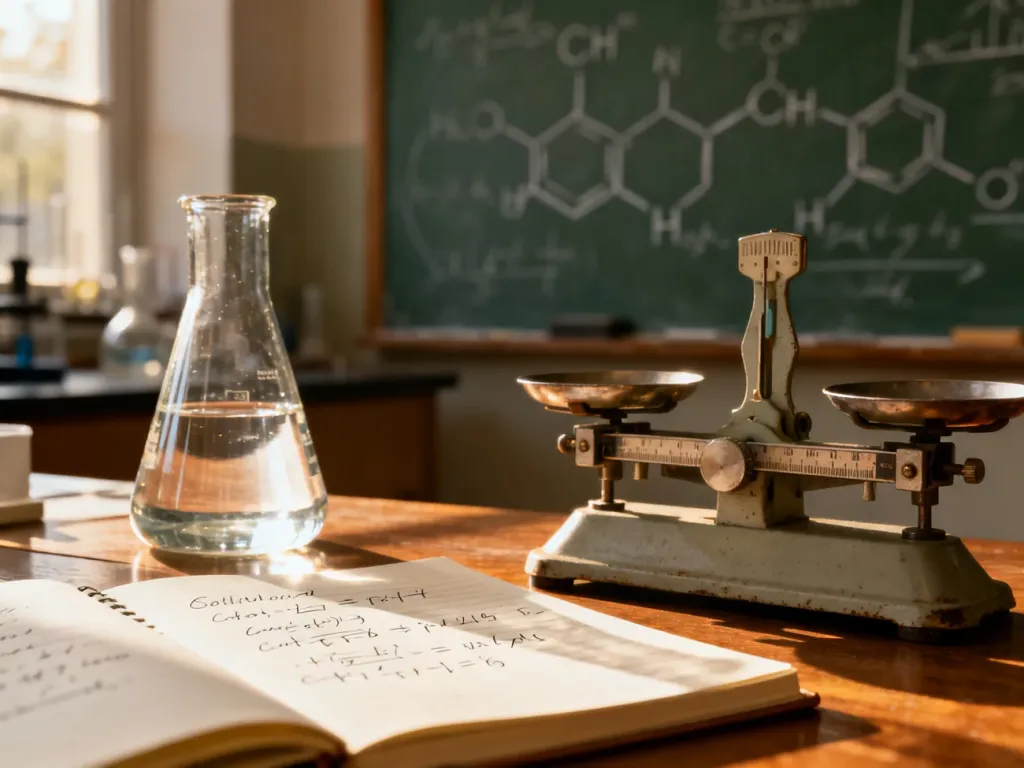 Zlewka z płynem, waga laboratoryjna i notatnik z równaniami chemicznymi na drewnianym biurku w laboratorium.