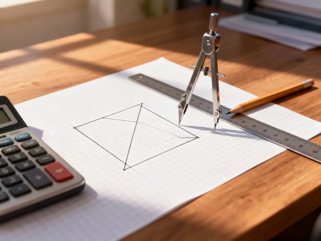 Rysunek kwadratu na papierze milimetrowym z przyborami geometrycznymi i kalkulatorem, ilustrujący obliczanie przekątnej.