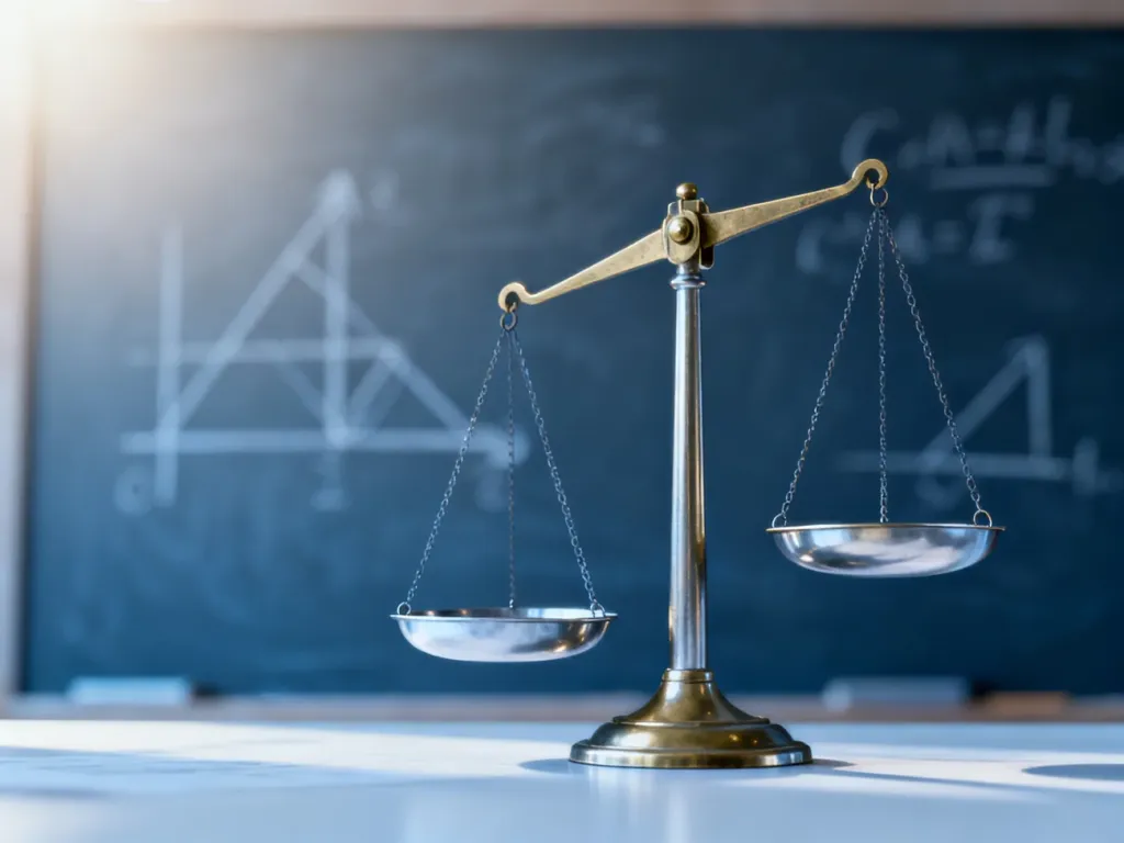 Waga szalkowa w stanie nierównowagi symbolizująca zasadę proporcji odwrotnej na tle tablicy z matematycznymi wzorami.
