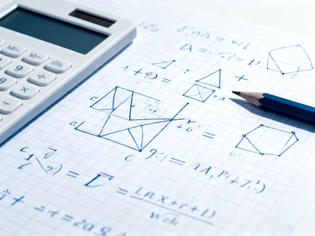 Arkusz z symbolicznymi wzorami matematycznymi, figurami geometrycznymi i przyborami do nauki