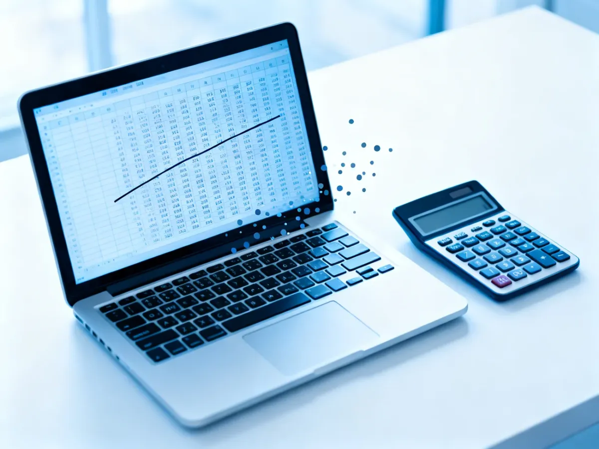 Laptop with a spreadsheet, calculator, and visual representation of data dispersion
