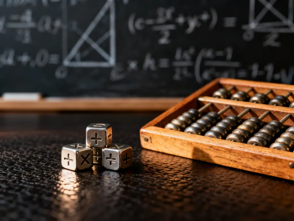 Drewniane liczydło i metalowe kostki z symbolami matematycznymi na tle tablicy z równaniami algebraicznymi.