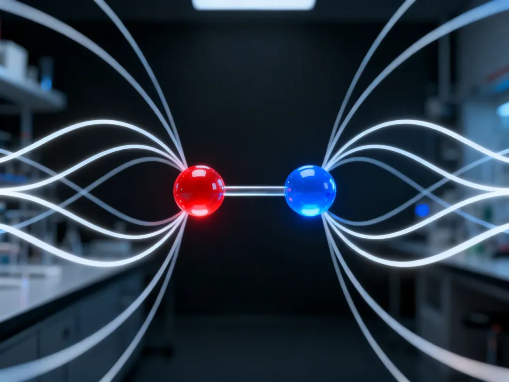 Wizualizacja 3D dipola elektrycznego z dodatnim i ujemnym ładunkiem oraz symetrycznymi liniami pola.