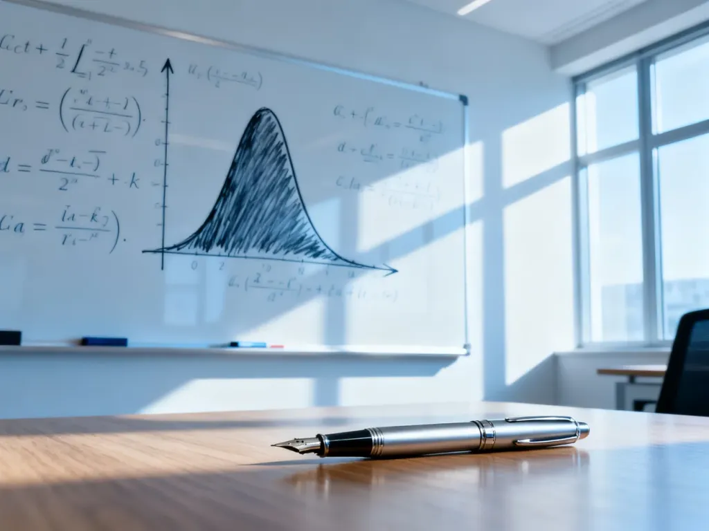 Tablica z narysowaną krzywą rozkładu normalnego i wzorami matematycznymi, symbolizująca obliczenia statystyczne.