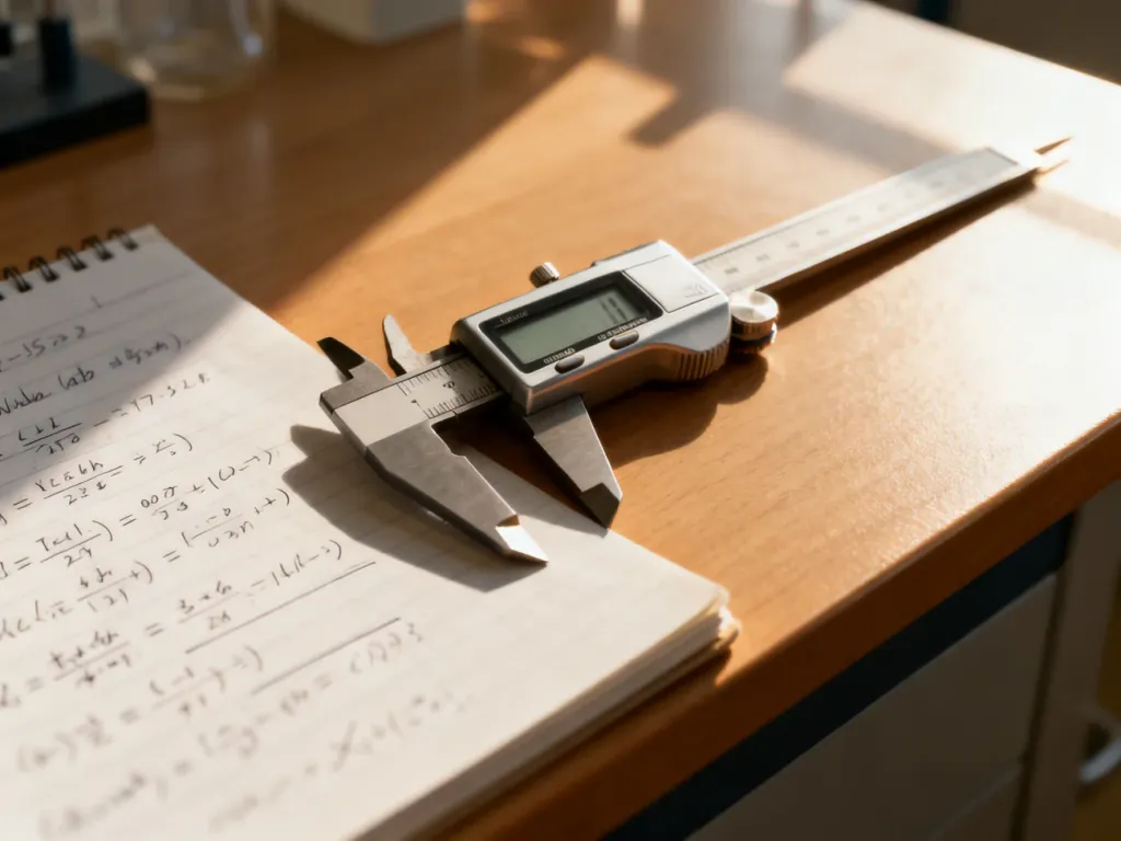 Cyfrowa suwmiarka leżąca na notatniku z obliczeniami matematycznymi, ilustrująca proces wykonywania pomiarów laboratoryjnych.