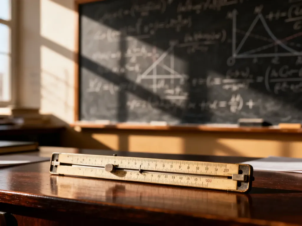 Zabytkowy suwak logarytmiczny na drewnianym biurku na tle tablicy z matematycznymi wzorami.