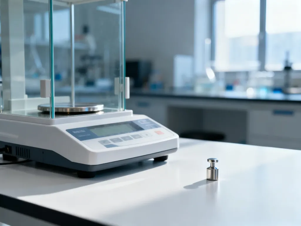 Precyzyjna waga laboratoryjna z odważnikiem na białym stole, ilustrująca proces dokładnego pomiaru masy w miligramach.