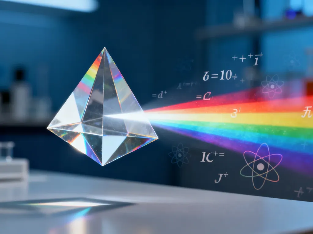 Szklany pryzmat rozszczepiający światło na barwne widmo, otoczony symbolami matematycznymi i modelami atomów, ilustrujący prawa fizyki.