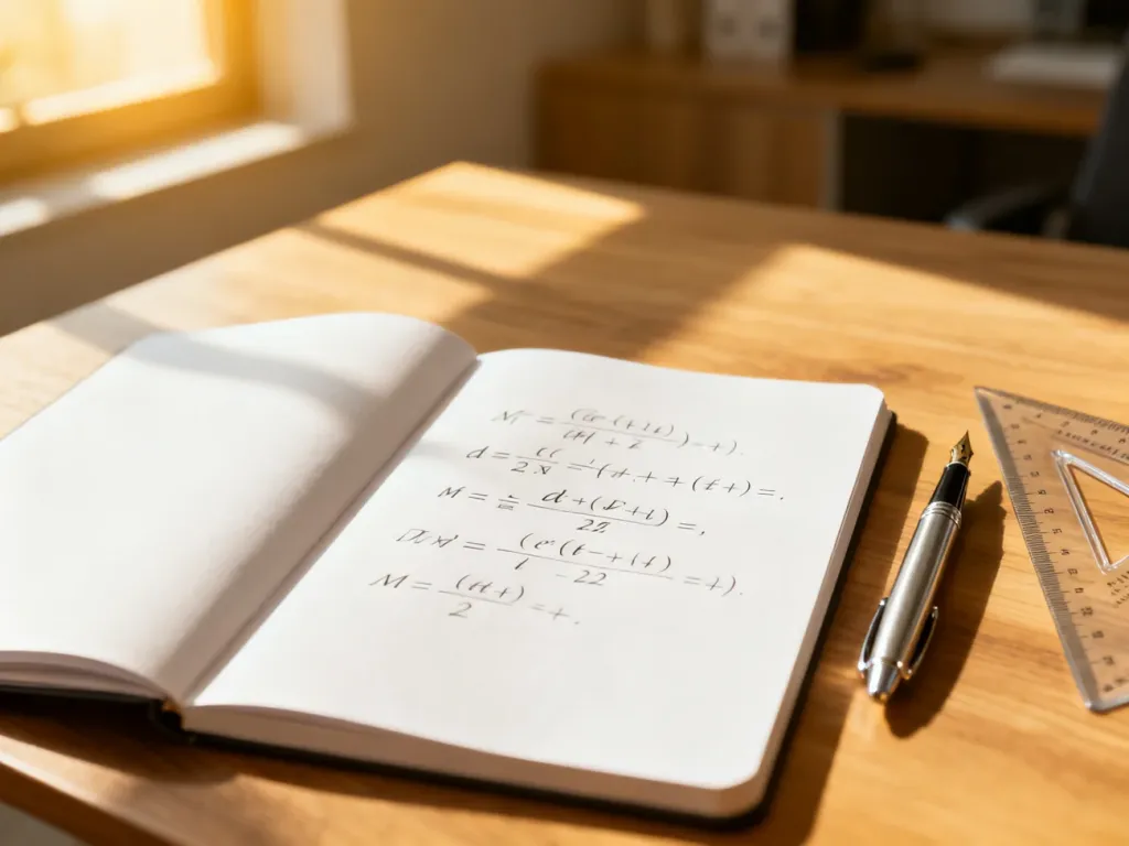 Otwarty notatnik z zapisanymi równaniami algebraicznymi oraz przyborami do pisania na biurku w słonecznym domowym biurze.