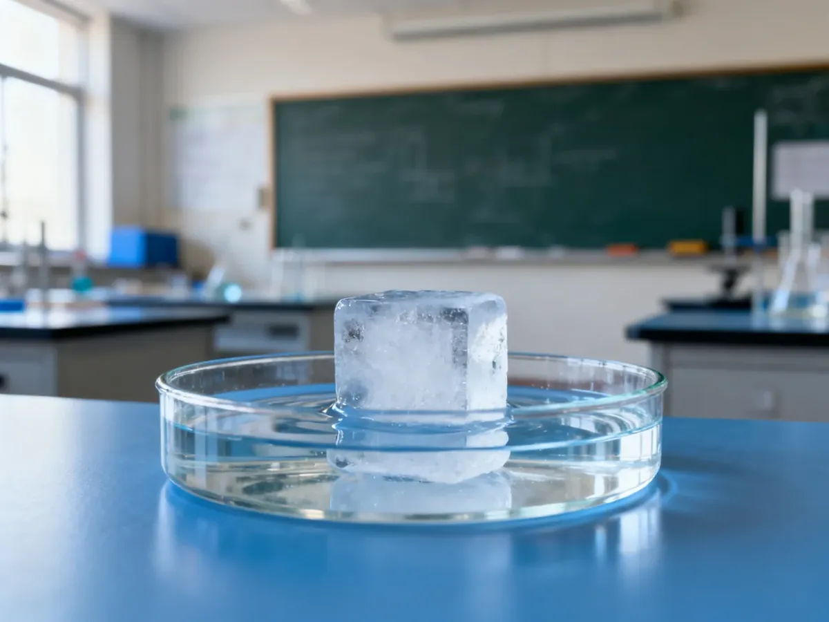Kostka lodu topniejąca w naczyniu laboratoryjnym