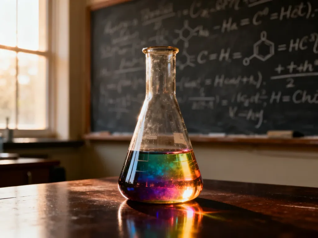Zlewka z kolorowym roztworem chemicznym na tle tablicy z równaniami stechiometrycznymi.