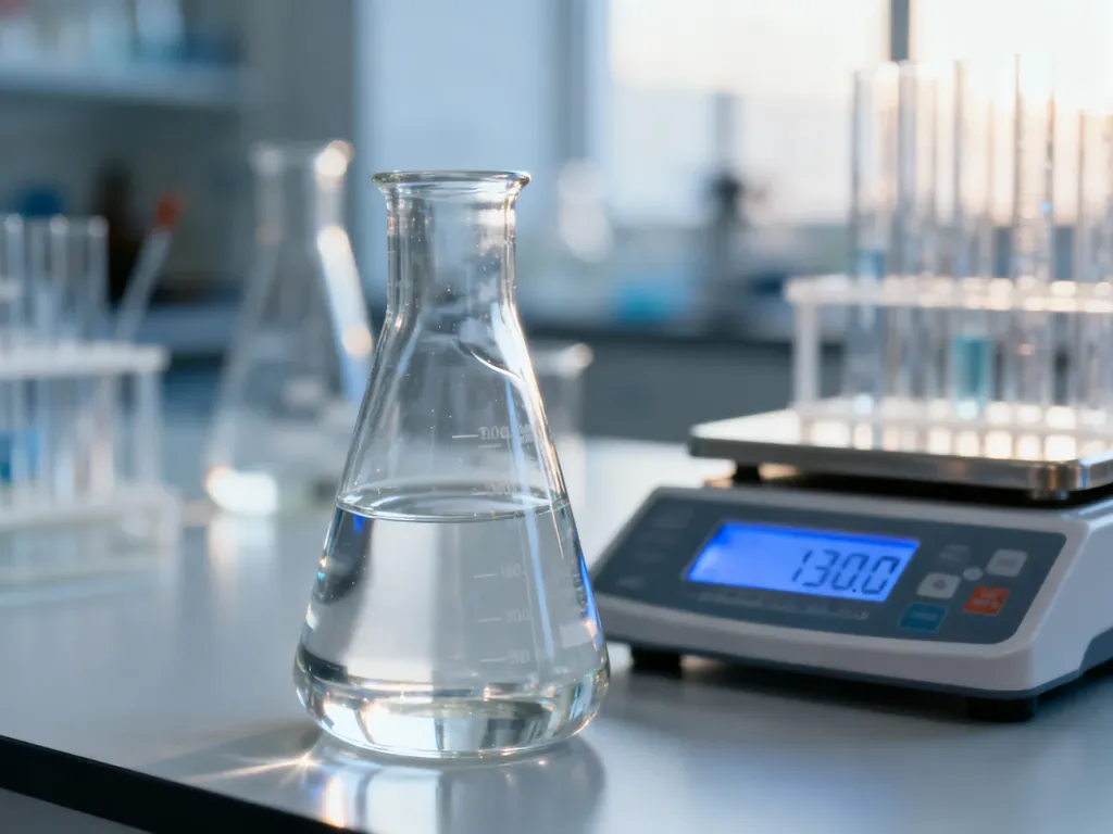 Szklana zlewka z roztworem na wadze laboratoryjnej, obrazująca proces precyzyjnego przygotowania mieszaniny chemicznej.