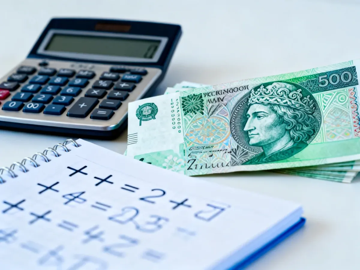 Kalkulator, banknoty i notatnik symbolizujące obliczanie cen netto, brutto i podatku VAT