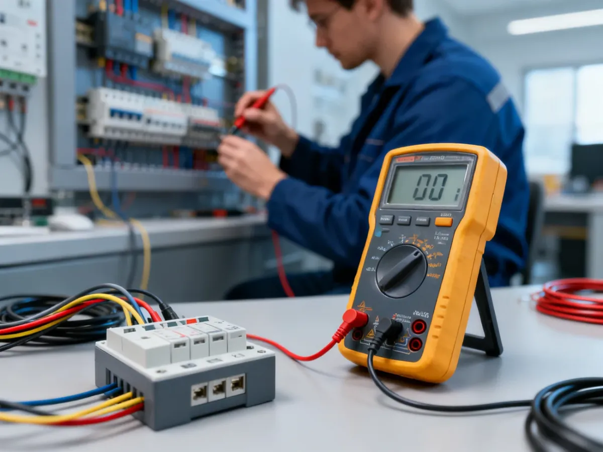 Elektryk mierzący natężenie prądu multimetrem przy instalacji elektrycznej