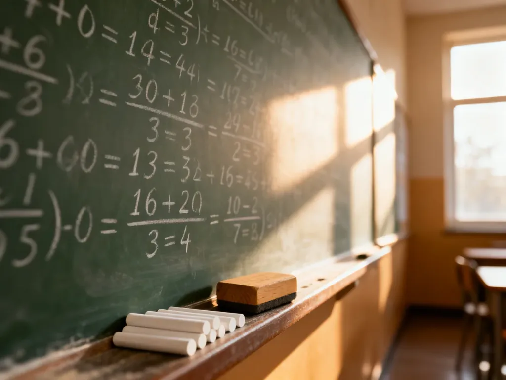 Tablica z zapisanymi matematycznymi równaniami dotyczącymi wielokrotności liczb, obok której leży kreda i gąbka.