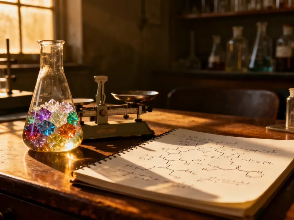 Szklana zlewka z kolorowymi kryształami, waga analityczna i notatnik z równaniami chemicznymi na drewnianym stole laboratoryjnym.