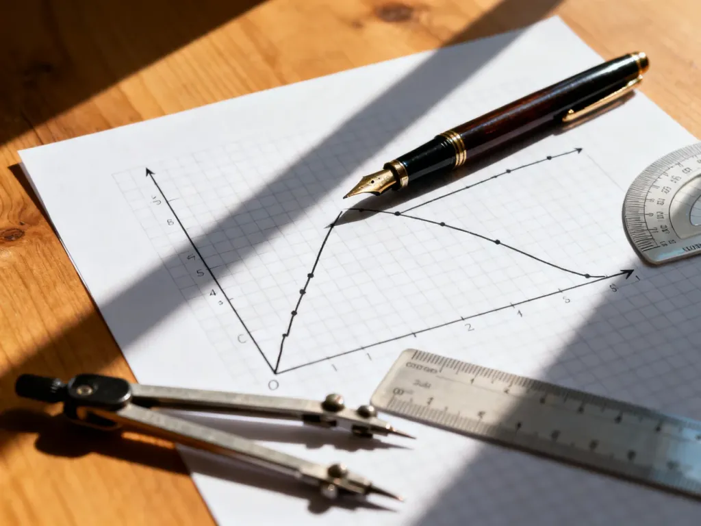 Wykres funkcji narysowany na papierze milimetrowym obok przyborów geometrycznych, symbolizujący proces analizy matematycznej.
