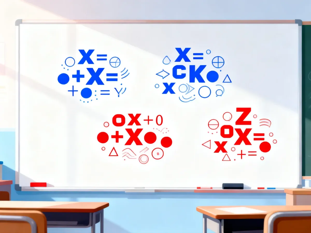 Kolorowe wyrazy algebraiczne grupowane według wspólnej części literowej na tablicy